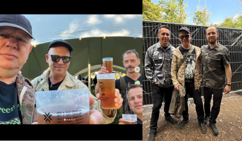 Linkes Bild: Jan-Steven Fricke (2.v.l.), Uwe Nolte (vorne, 1.v.r.) Rechtes Bild: Miro Snejdr "Herr Lounge Corps" (links), Jan-Steven Fricke (mitte), Michał „Neithan“ Kiełbasa "Grave of Love" (rechts) am 06.09.2025 beim Nocturnal Culture Night Festival in Deutzen